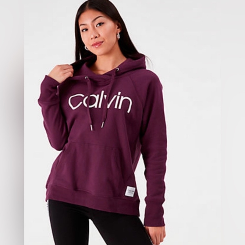 Calvin Klein Plum Maroon Logo Relaxed Fit Fleece Pullover Hoodie L XL